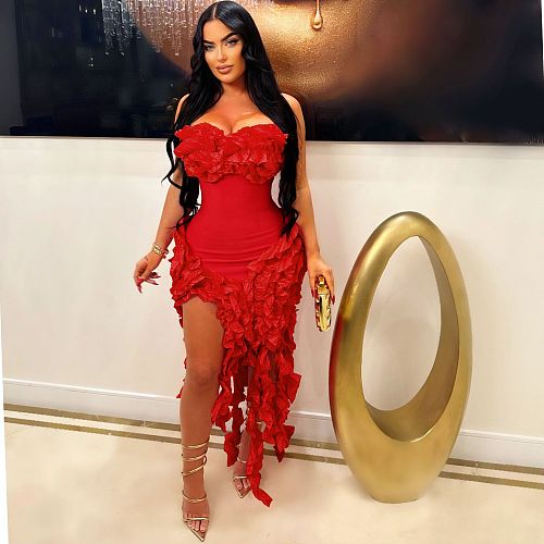 Sexy Strapless Solid Color Ruffles Split Long Club Dress AIL-262