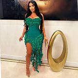 Sexy Strapless Solid Color Ruffles Split Long Club Dress AIL-262