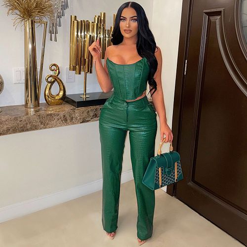 Women's Strapless Top PU Leather Long Pants Sexy Two-piece Set AIL-259