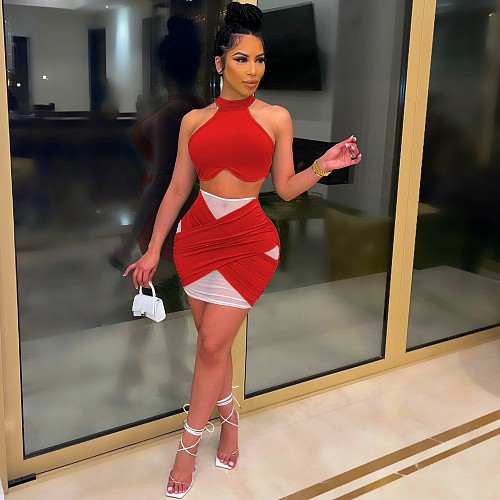 Sexy Crop Top Solid O Neck Sleeveless Two Piece Skirt Set OQ-9078