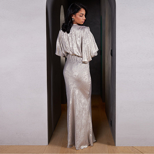 Shimmering Long Evening Dress V-neck Solid Dresses MUE-8057