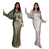 Shimmering Long Evening Dress V-neck Solid Dresses MUE-8057