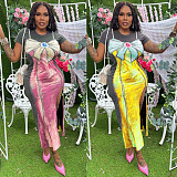 Sweet Print Patchwork Side High Opening O Neck Wrapped Skirt Dresses YNS-2637