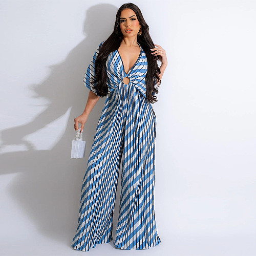 Fashion Women Prints V-neck Pleated Long Jumpsuit YF-10705