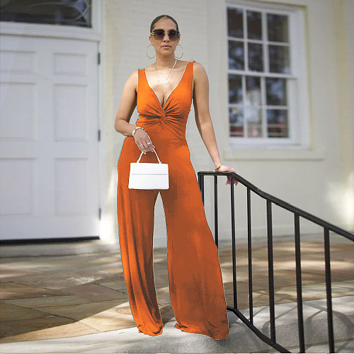 Sexy Deep-V Backless Solid Color Women Long Jumpsuit YF-10746