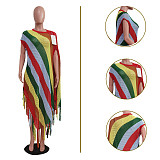 NEW Women Colorful Stripes Transparent Tassel Knitted Irregular Beach Dress TR-1298