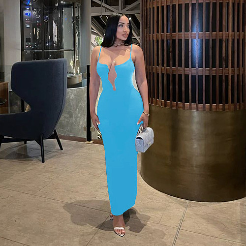 Ladies Sexy Straps Sleeveless Solid Color Slim Long Dresses YF-10747