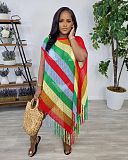 NEW Women Colorful Stripes Transparent Tassel Knitted Irregular Beach Dress TR-1298