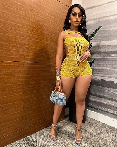 Women Solid Color Hollow-out Backless Sleeveless Knitted Breathable Romper TR-1305