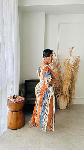Sexy Hollow-out Stripes Tassel Knitted Long Beach Dress TR-1302