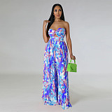 Sexy Strapless Backless Printed Pleated Wide-leg Jumpsuit YF-10460