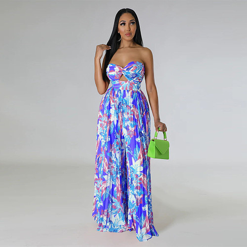 Sexy Strapless Backless Printed Pleated Wide-leg Jumpsuit YF-10460