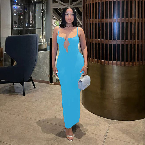 Ladies Sexy Straps Sleeveless Solid Color Slim Long Dresses YF-10747