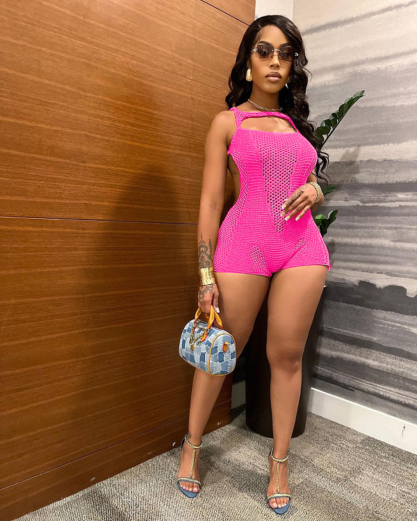 Women Solid Color Hollow-out Backless Sleeveless Knitted Breathable Romper TR-1305