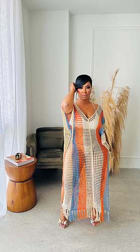 Sexy Hollow-out Stripes Tassel Knitted Long Beach Dress TR-1302