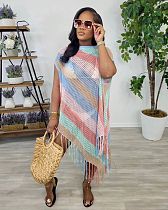NEW Women Colorful Stripes Transparent Tassel Knitted Irregular Beach Dress TR-1298