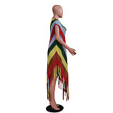 NEW Women Colorful Stripes Transparent Tassel Knitted Irregular Beach Dress TR-1298
