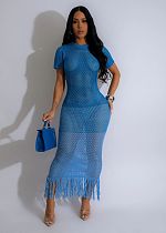 Sexy Hollow Out Women Gradient Color Knit Beach Long Dress TR-1306