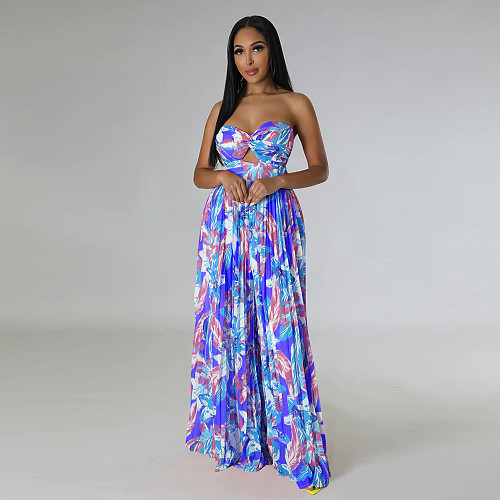 Sexy Strapless Backless Printed Pleated Wide-leg Jumpsuit YF-10460
