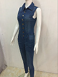 Leisure Sleeveless Lapel Buttons Tight Denim Jumpsuit LX-8696