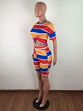 Multicolor Striped Printed Round Neck Short Sleeve Two-piece Set LX-6870