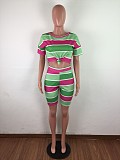 Multicolor Striped Printed Round Neck Short Sleeve Two-piece Set LX-6870