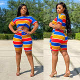 Multicolor Striped Printed Round Neck Short Sleeve Two-piece Set LX-6870