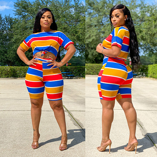 Multicolor Striped Printed Round Neck Short Sleeve Two-piece Set LX-6870