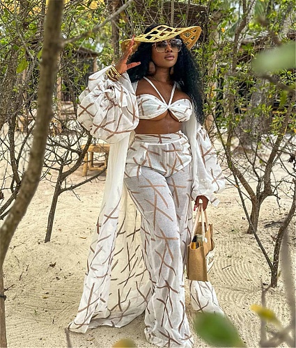 Sexy Bra+Long Sleeve Robe+Wide Leg Pants 3 Pcs Set MK-3172