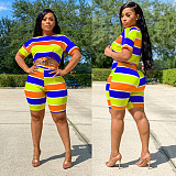 Multicolor Striped Printed Round Neck Short Sleeve Two-piece Set LX-6870
