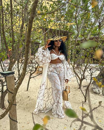 Sexy Bra+Long Sleeve Robe+Wide Leg Pants 3 Pcs Set MK-3172