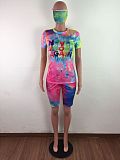 Fashion Tie-Dye Round Neck Short-sleeved T-shirt Shorts Two-piece Set With Mask LX-2075