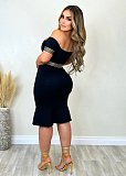 Black Sexy Drop Shoulder Women Short Sleeves Slim Midi Dresses ORY-5259