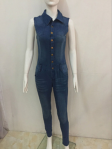 Leisure Sleeveless Lapel Buttons Tight Denim Jumpsuit LX-8696