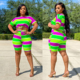 Multicolor Striped Printed Round Neck Short Sleeve Two-piece Set LX-6870