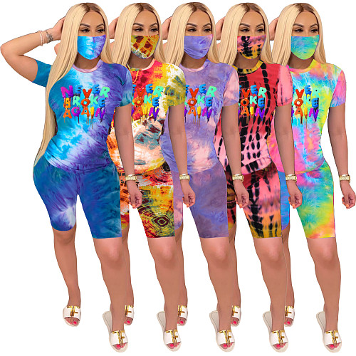 Fashion Tie-Dye Round Neck Short-sleeved T-shirt Shorts Two-piece Set With Mask LX-2075