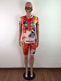 Fashion Tie-Dye Round Neck Short-sleeved T-shirt Shorts Two-piece Set With Mask LX-2075