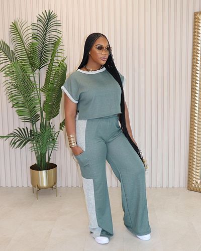 Casual Women Color Matching Short Sleeves Tops And Straight Pants ORY-5261