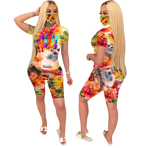 Fashion Tie-Dye Round Neck Short-sleeved T-shirt Shorts Two-piece Set With Mask LX-2075