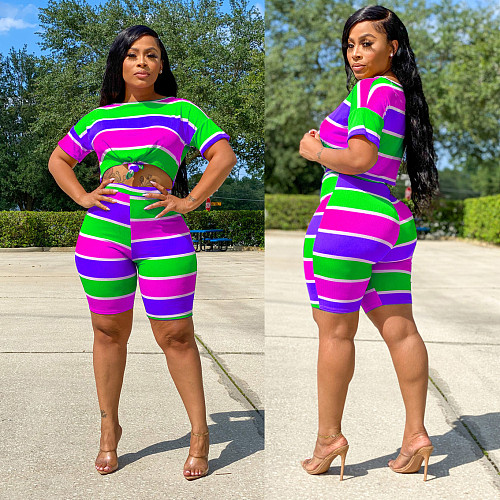 Multicolor Striped Printed Round Neck Short Sleeve Two-piece Set LX-6870