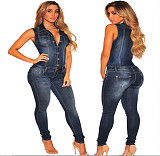 Leisure Sleeveless Lapel Buttons Tight Denim Jumpsuit LX-8696