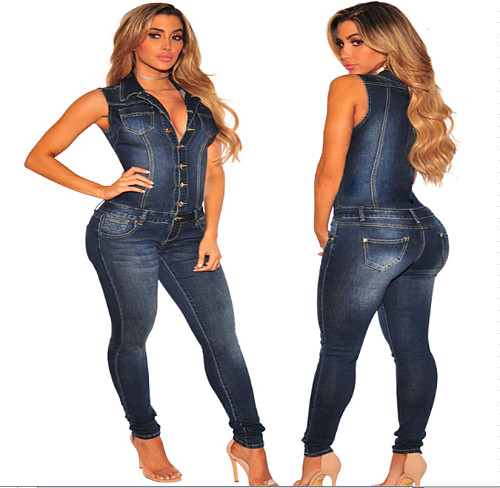 Leisure Sleeveless Lapel Buttons Tight Denim Jumpsuit LX-8696