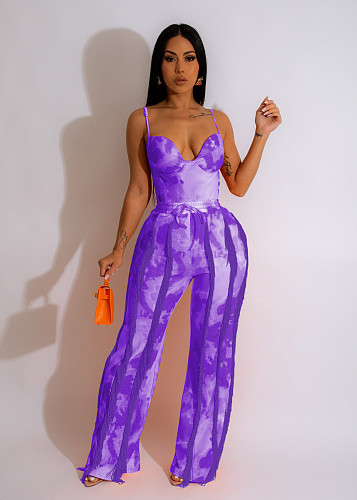 Tie Dye Spaghetti Strap Bodysuit Tassel Pants Set AIL-247