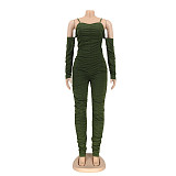 Sexy Strapless Straps Long Sleeves Solid Color Pleated Bodycon Jumpsuit AIL-199