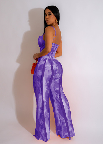 Tie Dye Spaghetti Strap Bodysuit Tassel Pants Set AIL-247