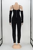 Sexy Strapless Straps Long Sleeves Solid Color Pleated Bodycon Jumpsuit AIL-199