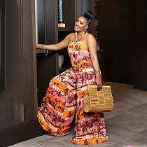 Stylish Printed Women Backless Halter Loose Long Jumpsuit YF-10748