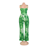 Tie Dye Spaghetti Strap Bodysuit Tassel Pants Set AIL-247