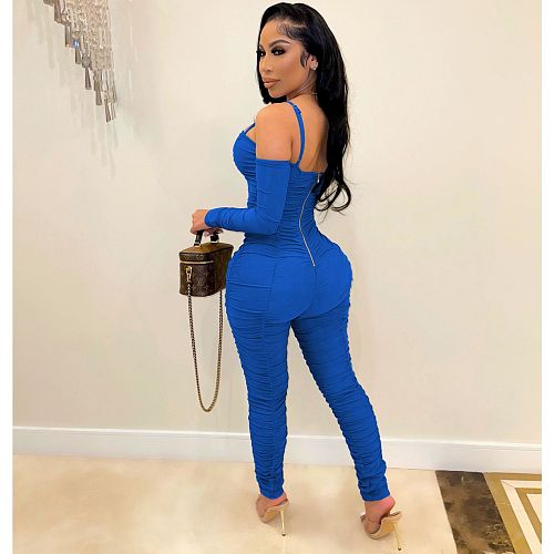 Sexy Strapless Straps Long Sleeves Solid Color Pleated Bodycon Jumpsuit AIL-199
