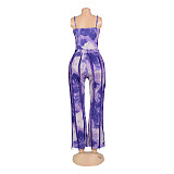 Tie Dye Spaghetti Strap Bodysuit Tassel Pants Set AIL-247